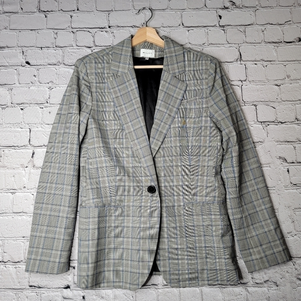 Milly Italian Check Boyfriend Suiting Jacket Single Button Blazer Wool Shell Med